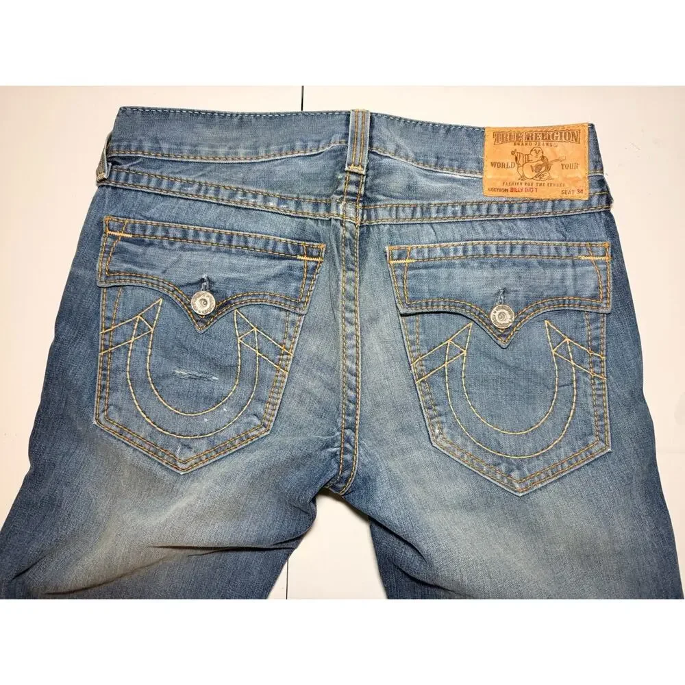 True Religion Billy Big T Distressed Jeans Mens 34 Blue Made In USA Y2K